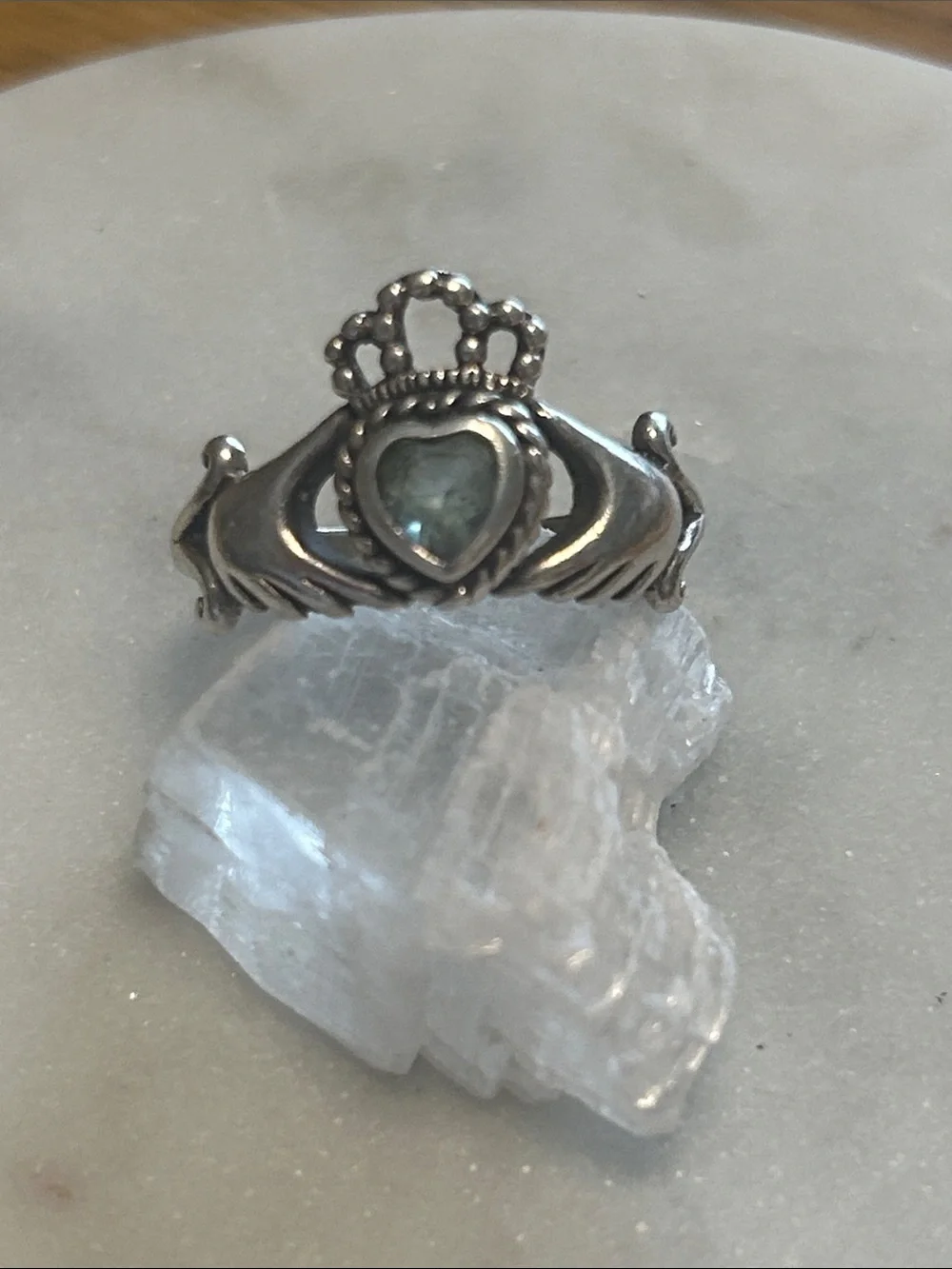Sterling Silver Heart Crown Ring with Light Blue Aquamarine Stone